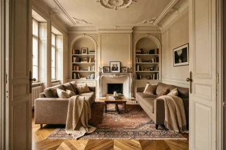 Salon haussmannien familial avec moulures anciennes, canapés en lin et tapis persan chaleureux