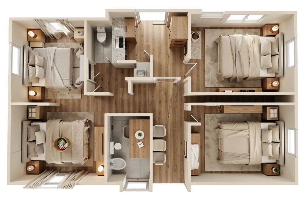 Vue grand angle d'un appartement T3 meublé avec deux chambres configurées différemment pour maximiser les réservations saisonnières