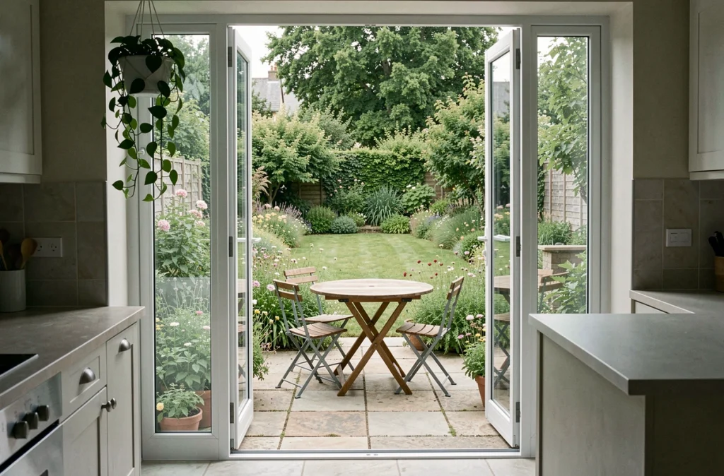 Vue depuis l'intérieur d'une maison à louer sur un jardin extérieur aménagé à budget modeste