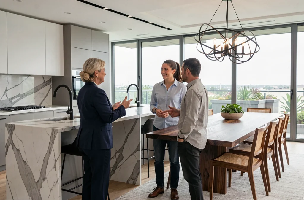 Agent immobilière présentant un penthouse de luxe à des clients lors d'une visite privée, cuisine ouverte en marbre Calacatta avec jardin sur toit visible en arrière-plan