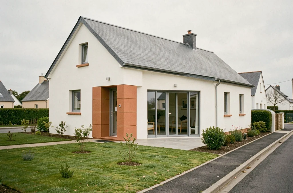 Maison familiale moderne construite par Compao dans le Finistère, avec façade blanche et panneaux d'accent terracotta autour de l'entrée