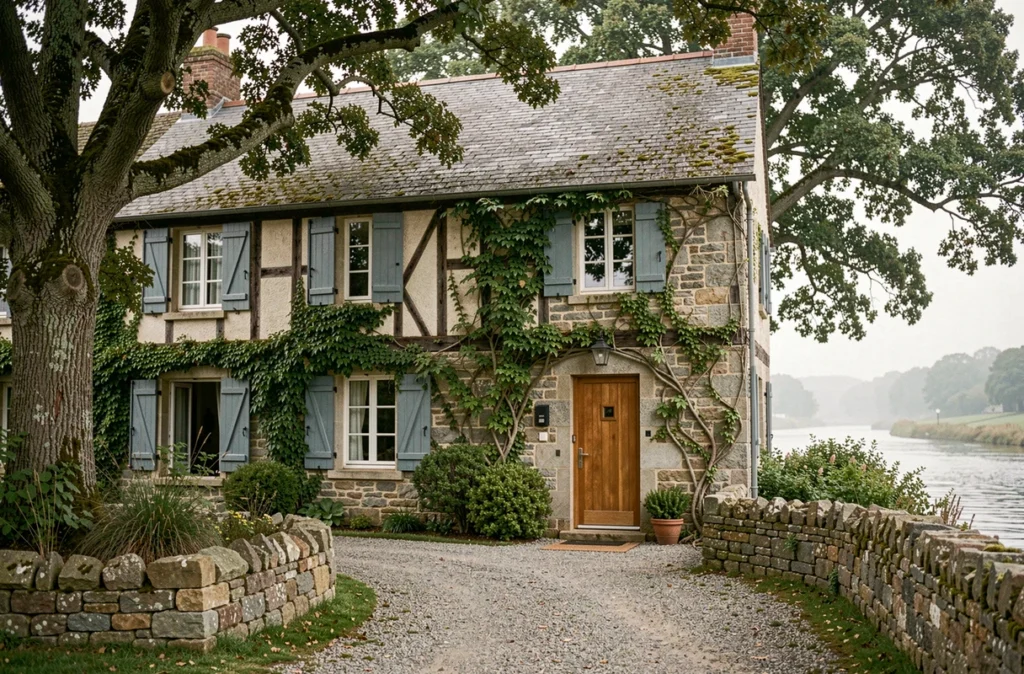 Maison individuelle construite par Constructions du Belon, en pierre de granit traditionnelle près de l'estuaire du Belon dans le Finistère sud