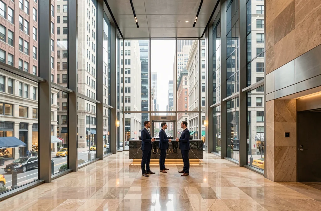 Hall d'entrée moderne d'une tour de bureaux dans le Loop de Chicago, avec façade vitrée et professionnels en discussion