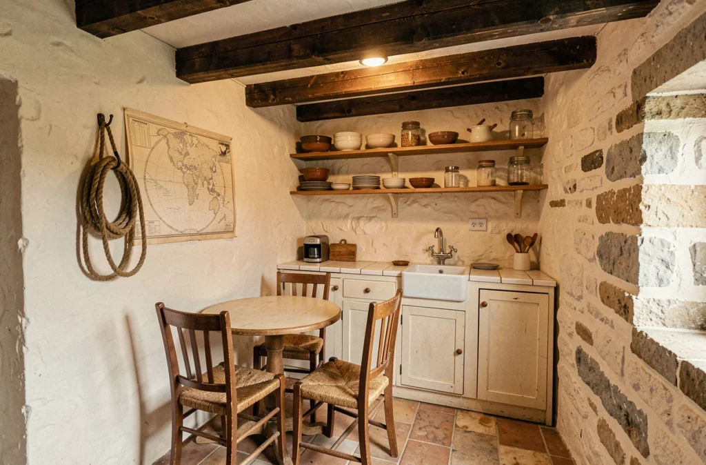 Intérieur rustique d'une maison de pêcheur avec poutres apparentes et cuisine vintage à vendre