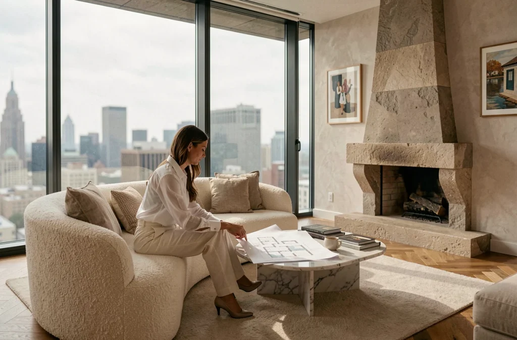 Intérieur haut de gamme d'un penthouse avec baies vitrées donnant sur la ville, une femme professionnelle consultant des plans architecturaux sur une table en marbre