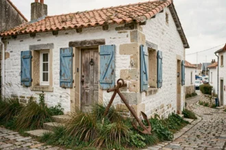 Maison de pêcheur en pierre avec volets bleus à vendre dans un petit port français
