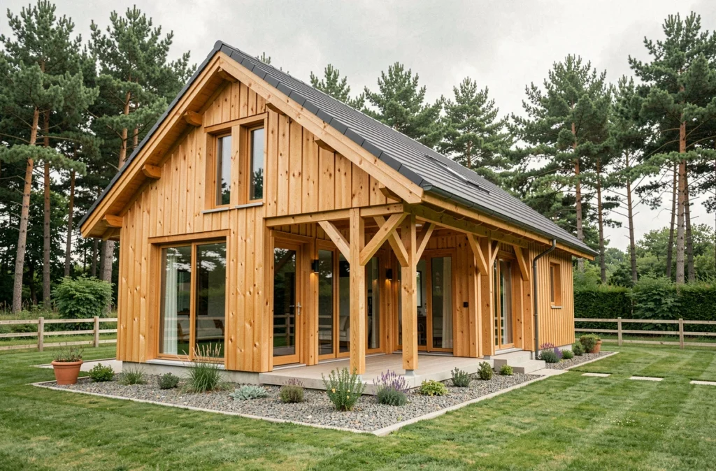 Maison à ossature bois en bardage mélèze construite par Maisons Akabois dans le Finistère, avec porche couvert en bois apparent