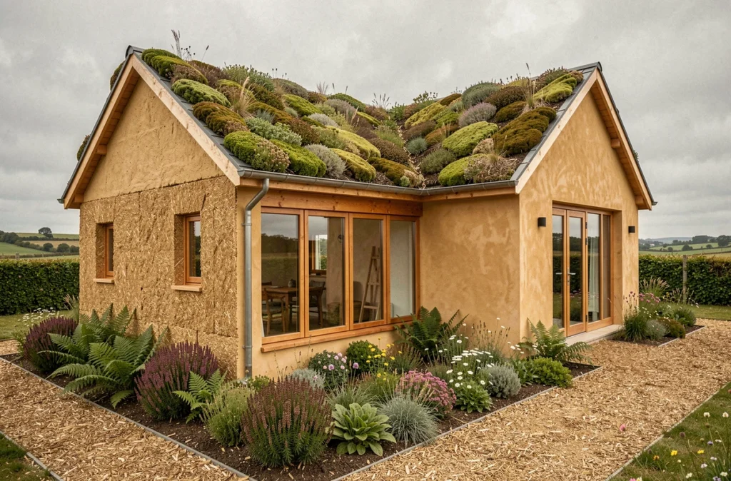 Maison biosourcée écologique construite par Maisons Bionat dans le Finistère, avec enduit chaux naturel, toiture végétalisée et jardin de plantes indigènes