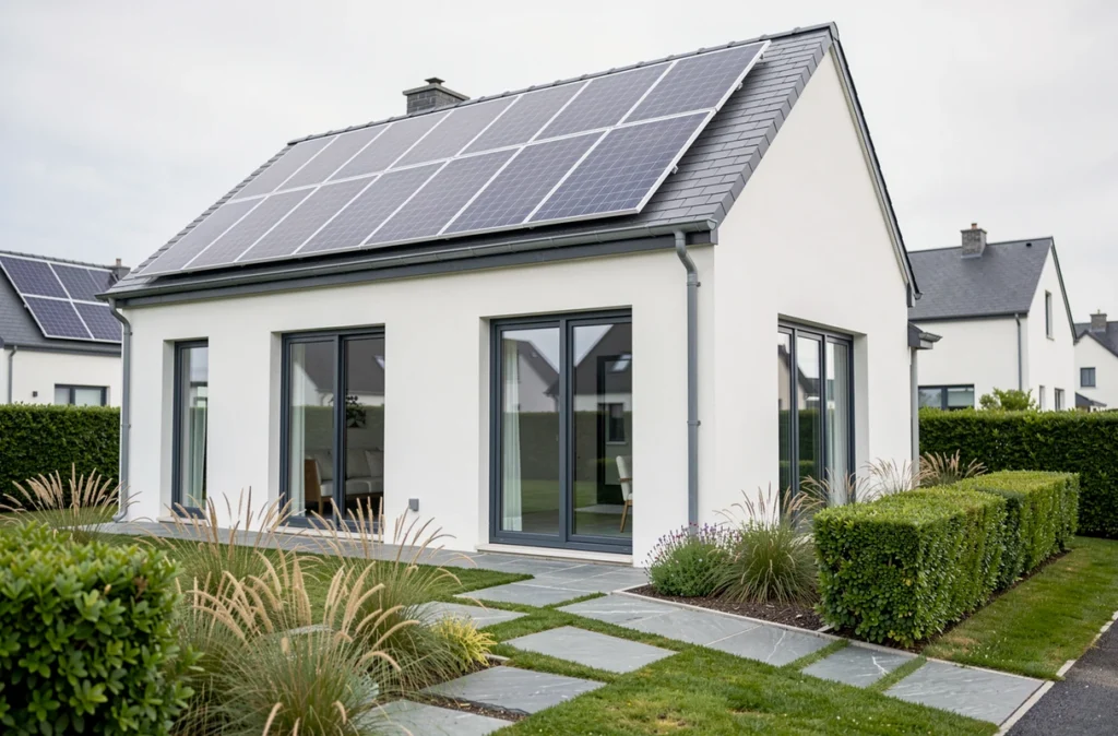 Maison contemporaine éco-performante construite par Maisons de l'Avenir dans le Finistère, avec panneaux solaires et grandes baies vitrées