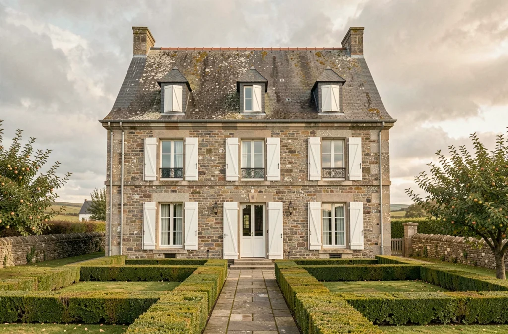 Maison de caractère en granit breton construite par Maisons François Léon dans le Finistère, avec volets blancs et jardin classique