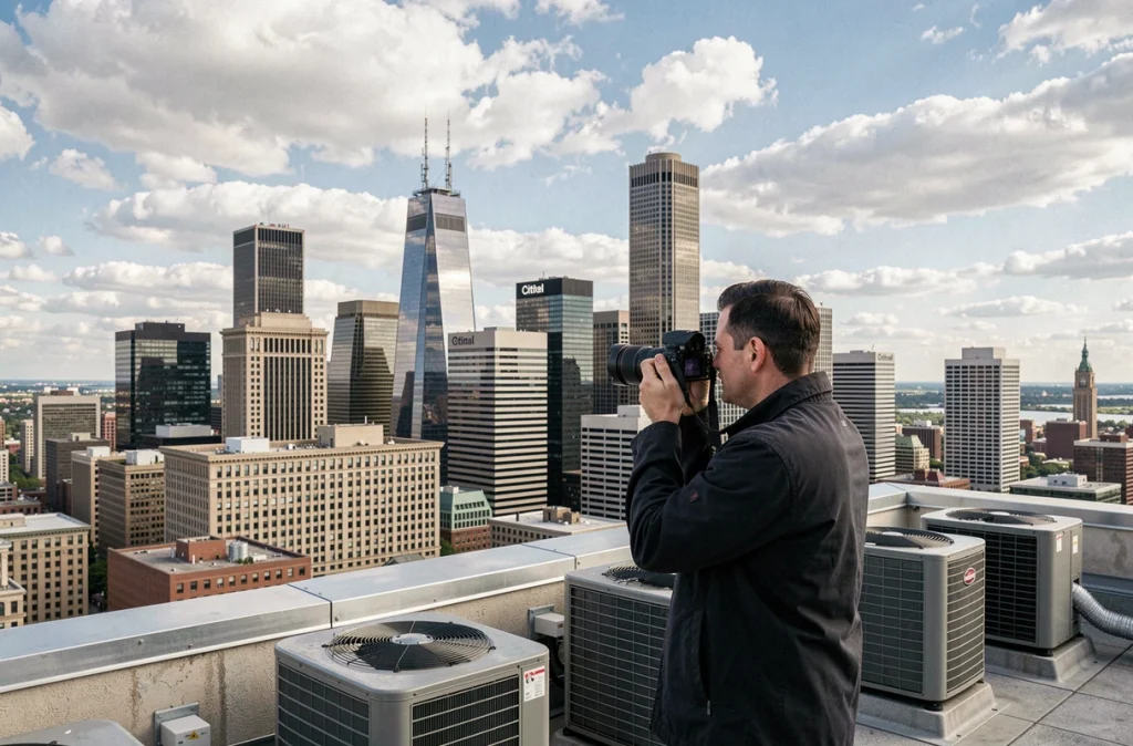 Panorama des tours de bureaux du Loop à Chicago depuis un toit, avec la Citadel Center visible parmi les gratte-ciels