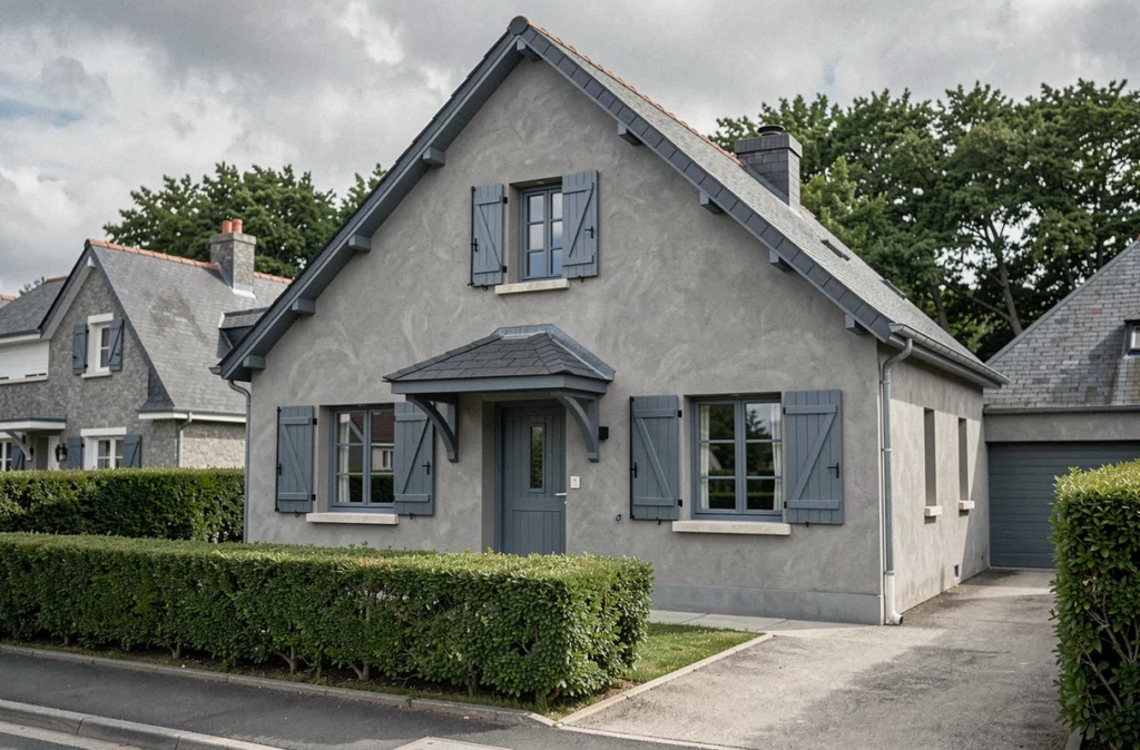 Maison individuelle pratique et bien construite par Primea dans le Finistère, avec façade enduite grise et volets bleu ardoise traditionnels