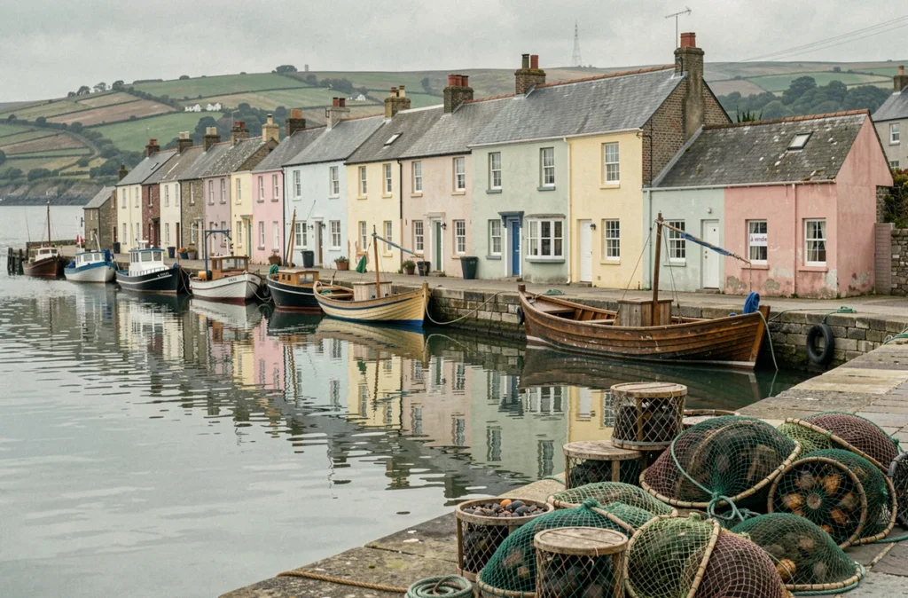 Rangée de maisons de pêcheurs colorées à vendre au bord d'un petit port de pêche