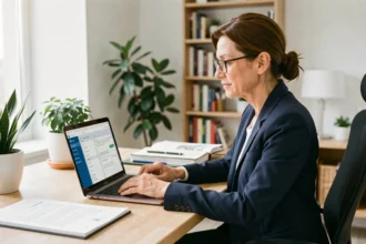 Femme consultante en copropriété utilisant un syndic en ligne sur ordinateur portable dans un bureau moderne