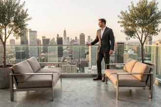 Terrasse d'un penthouse moderne avec vue panoramique sur la ville, un homme en costume contemplant le paysage urbain depuis un balcon vitré