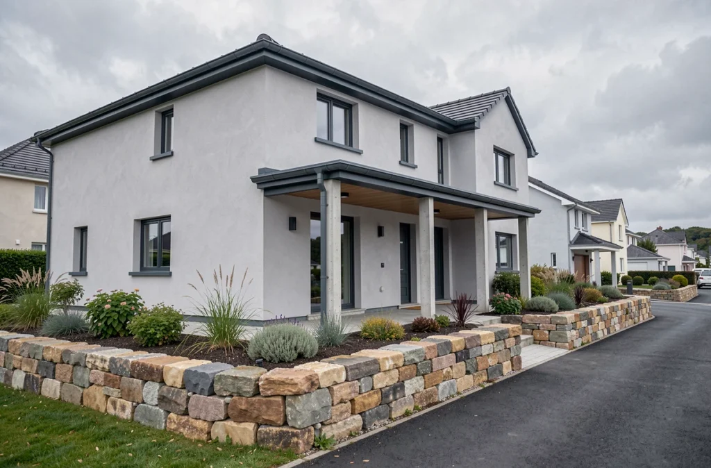 Maison familiale de qualité construite par Trecobat dans l'agglomération de Brest en Finistère, avec porche d'entrée couvert et muret en pierre