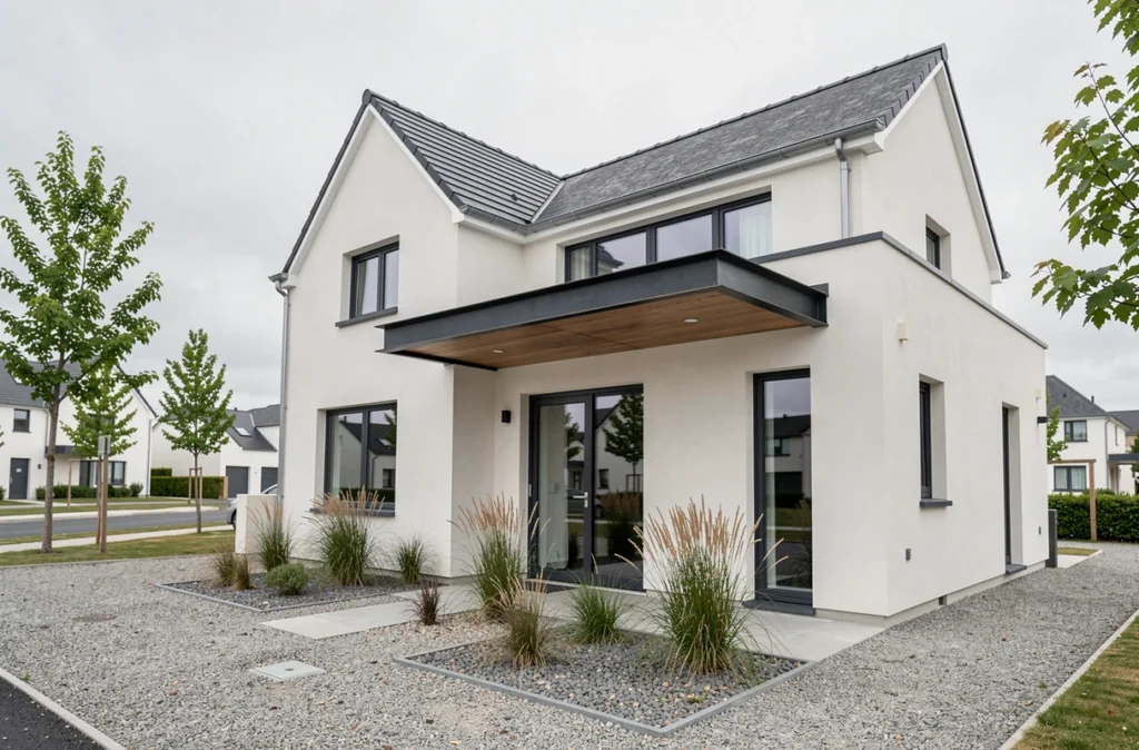 Maison contemporaine au design distinctif construite par Villadeale dans le Finistère, avec toit plat partiel et grandes baies vitrées