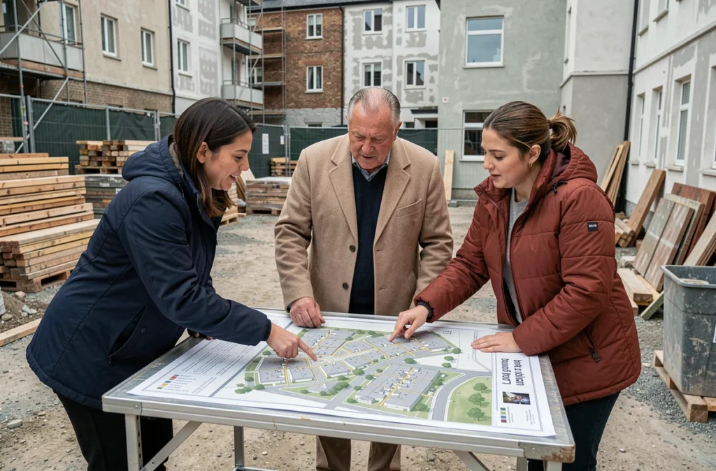 Résidents discutant d'un plan de rénovation urbaine dans une cour de chantier en quartier rénové