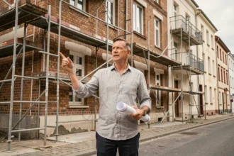 Urbaniste devant un immeuble en cours de rénovation dans un quartier en transformation urbaine